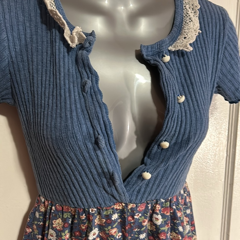 90s Vintage Kids Floral Denim Lace Collared Jumpsuit - Picture 7 of 14